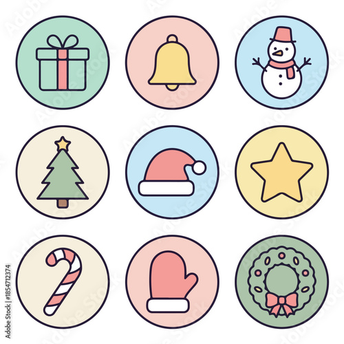 Collection of Festive Christmas Icons - Festive Gifts, Holly, Santa Hat, Snowman, Tree, Candy Cane, Mitten, Star, and Wreath