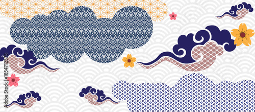Japanese New Year 2026 Background with Blue Seigaiha Clouds, Traditional White Wave Pattern, Orange Asanoha Geometry, and Pink Cherry Blossoms for Oriental Lunar Festival Illustrations