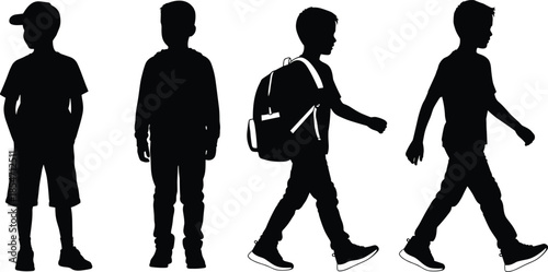 Children silhouette, walking kids, casual pose, backpack student, hoodie child, school routine, vector illustration, outdoor movement, minimal design, youth activity