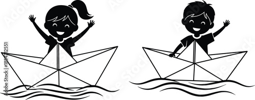 children, paper, boat, water, silhouette, vector, illustration, black, white, play, fun, childhood, smile, waves, creative, design, graphic, adventure, imagination, joy