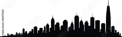 City skyline silhouette, urban architecture, skyscraper shapes, black vector, metropolitan buildings, skyline art, downtown design, cityscape illustration, graphic outlineCity skyline silhouette