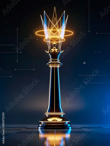  A futuristic black chess king or queen piece with golden accents and a crown illuminated by glowing lines. Set against a dark, high-tech background with digital elements.
