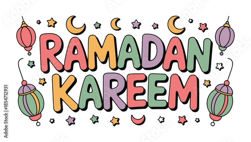 Ramadan Kareem: Vibrant illustration captures the spirit of the holy month with decorative lanterns, crescent moons, and stars, celebrating the values of reflection, charity, and community.