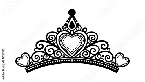 Vector illustration of a tiara with heart-shaped designs and ornate details in a black and white theme