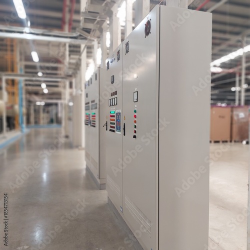 This image shows an Industrial Electrical Control Panel, likely located in a factory or a power plant.