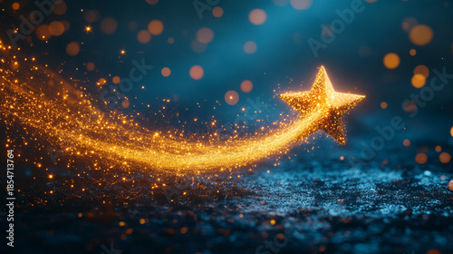 Loop animation of a luminous Christmas shooting star streaking across a dark sky, leaving a sparkling tail of golden particles that evoke magic, celebration, holiday wonder, and festive warmth.