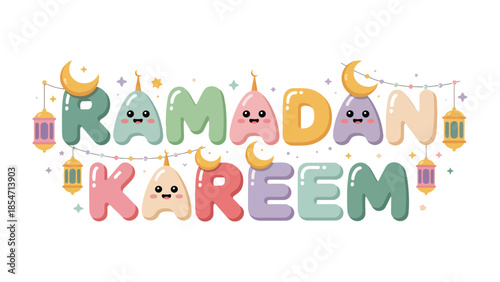 Ramadan Kareem: A festive and colorful Ramadan Kareem banner, with adorable cartoon letterings, crescent moons, and lanterns that captures the spirit of the holy month.