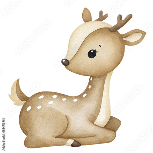 A watercolor illustration of a cute baby deer with spots sitting on a transparent background.