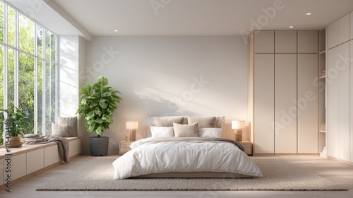 Bright Clean Modern Bedroom Interior with Minimalist Furniture
