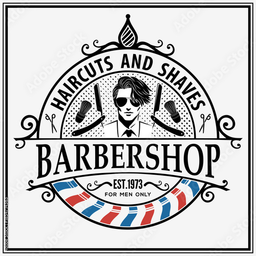 Vintage Barbershop Emblem Featuring Stylish Man and Classic Grooming Tools. Vector illustration