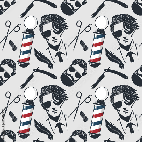 	
Barbershop seamless pattern with hipster face, hairdressing scissors and razor. Vector illustration