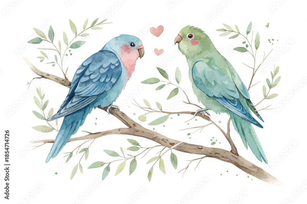 Fototapeta Love Birds Sitting on Branch Watercolor Art  isolated on white background