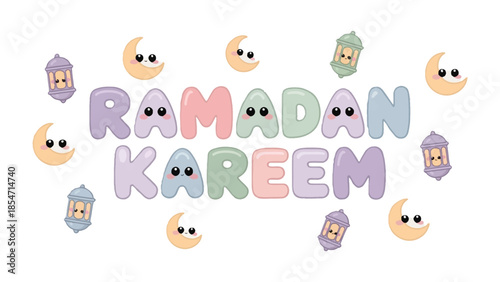 Ramadan Kareem Illustration: Captivating illustration of Ramadan Kareem with charming cartoonish elements like crescent moons and lanterns.
