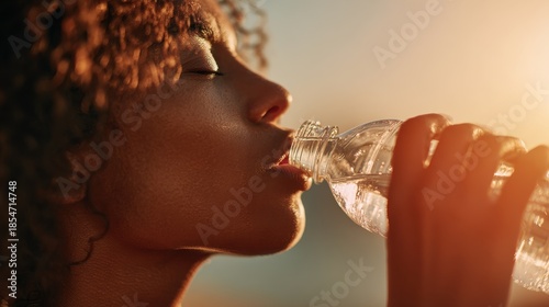 close up Woman drinks water from a plastic bottle in warm sunlight .