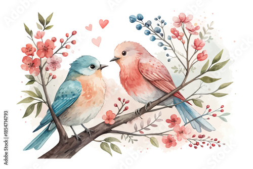 Love Birds Sitting on Branch Watercolor vector illustration isolated on white background