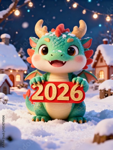 Cute 3D Character Baby Dragon Holding 2026 New Year Sign