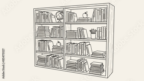 Detailed Illustration of Bookshelf with Books.
