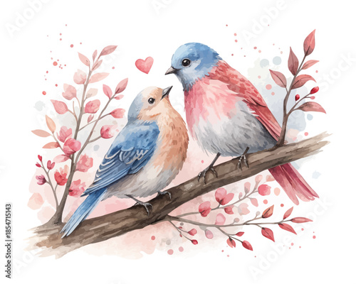 Love Birds Sitting on Branch Watercolor Art – Isolated on White Background