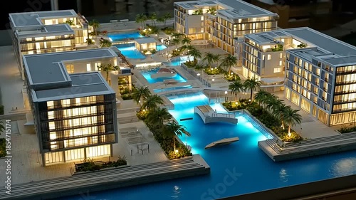 Architectural Model of a Modern Waterfront Development at Night.