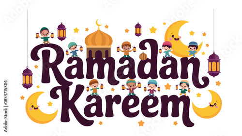 Ramadan Kareem: A vibrant illustration for the holy month, featuring charming characters, and a cheerful atmosphere, symbolizing the spirit of Ramadan. 
