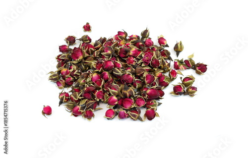 Dried Rose Buds. Dried red or pink rose buds. Natural dried rose tea isolated on white background  