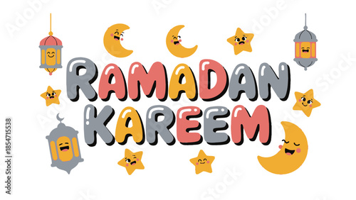 Ramadan Kareem Illustration: Festive and vibrant cartoon illustration with the words Ramadan Kareem surrounded by playful moons, stars, and lanterns. perfect for celebrate the holy month.