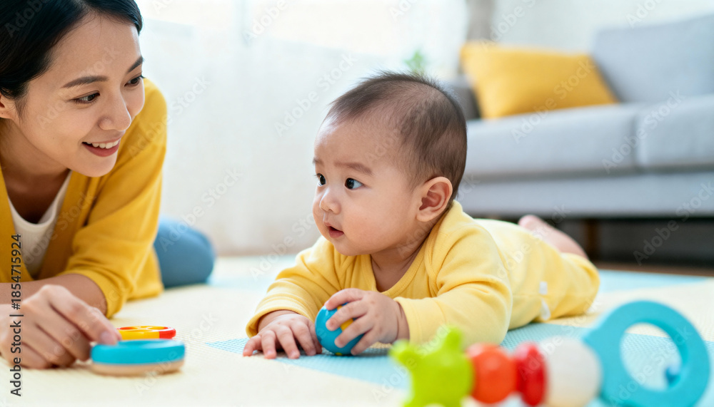 Fototapeta premium Asian woman playing with baby on soft floor mat, surrounded by colorful toys, fostering early development and bonding in a bright, cheerful living space