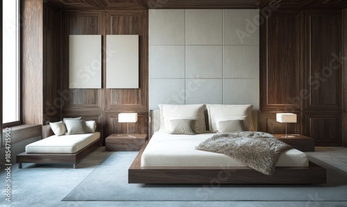 Modern bedroom interior design with bed sofa lamps and art on wall