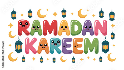 Ramadan Kareem Illustration: Festive and colorful illustration to mark the joyous occasion of Ramadan, featuring decorative lanterns and crescent moons and stars.