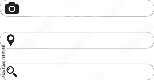 Vector  illustration of Camera, location pin, and search magnifying glass icons in horizontal rounded input fields, isolated on white background and  transparent background