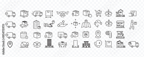 A modern outline logistics and delivery icon set featuring shipping, courier service, warehouse, package handling, tracking, location, drone delivery, customer support and ecommerce distribution symbo