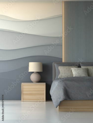 Modern bedroom interior design with layered wall decor and ambient lighting