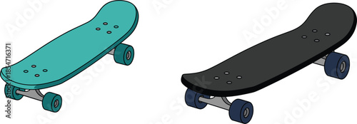 Skateboard vector illustration set featuring teal and black deck designs for urban extreme sports and street culture