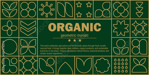 Organic eco line banner poster with abstract leaf and flower mosaic agriculture pattern.
