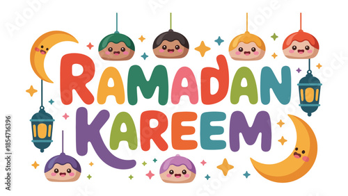 Ramadan Kareem Illustration: Festive and colorful illustration of the greeting Ramadan Kareem, featuring a crescent moon and lanterns, capturing the spirit of this joyous religious period.