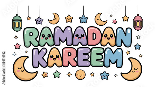 Ramadan Kareem: A festive and colorful illustration celebrating Ramadan with cheerful lettering, crescent moons, and stars.