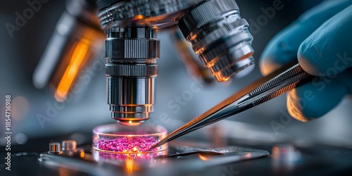 Gloved hand using tweezers with a microscope focused on a petri dish containing a brightly lit sample in a research laboratory setting.