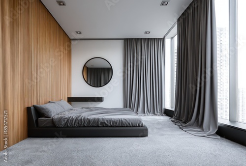 Modern bedroom interior with bed and large window with gray curtains