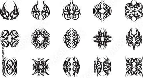 Tribal designs illustrated in various abstract patterns and shapes