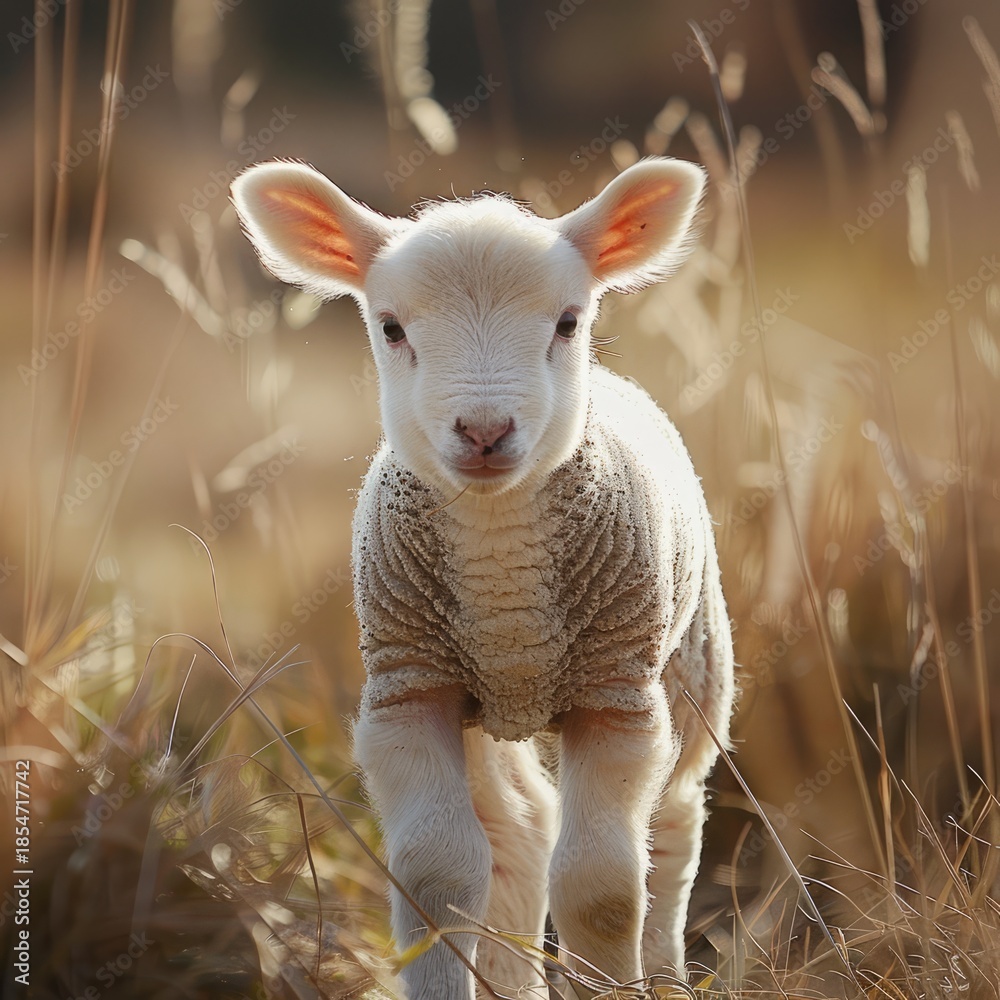 Obraz premium A cute little lamb looking ahead in a green meadow or pasture.