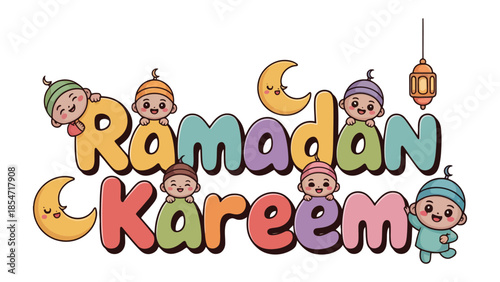 Ramadan Kareem: Cute illustrations of crescent moons and little kids that embody the joyful celebration of Ramadan Kareem.
