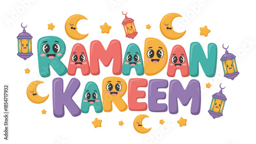 Ramadan Kareem Illustration: Festive and colorful illustration celebrating Ramadan Kareem with illustrated letter, cute lanterns, moons and stars. 