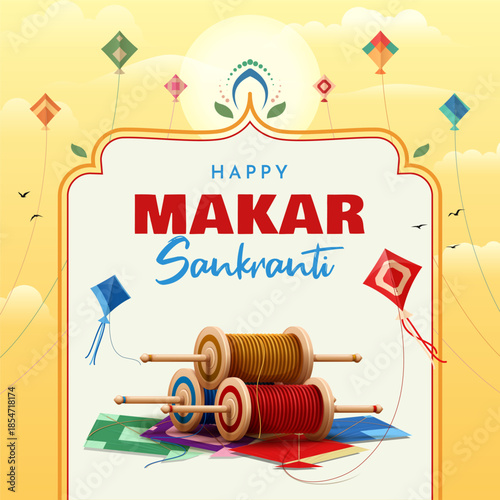 happy makar sankranti square banner with kites and latai creative illustration