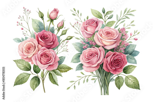 Pink Rose Bouquet Watercolor Floral Element – Valentine’s Decor Isolated on White Background