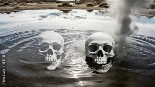 Eerie Skulls Emerge from Water Surface with Smoke and Ripples, Reflecting Sky
