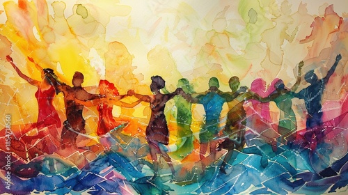 An inspiring watercolor mural depicting a diverse group of people united in harmony  ,3D