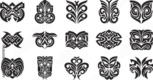 Tribal designs collection of ornate black illustrations on a white background, showcasing various patterns and shapes.