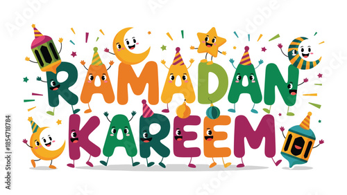Ramadan Kareem: Vibrant Illustration with Cartoon Characters Celebrating the Holy Month.