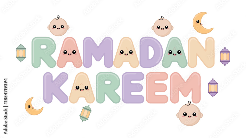 Obraz premium Ramadan Kareem Illustration: Colorful illustration of Ramadan Kareem with baby illustration and Islamic style ornament. Capture the beauty of Ramadan.