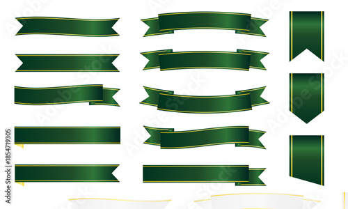 深いグリーン基調のクラシックリボンセット　光沢と陰影を強調した装飾用バナー素材